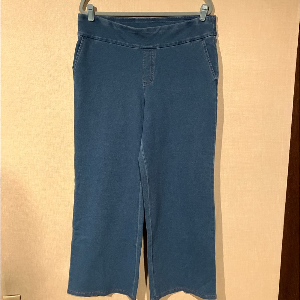 Denim & Co Comfy Knit Wide Leg Pant with Smooth Waist - Medium Wash - L (A08)